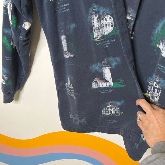 Vintage Lighthouse Cardigan Sweater Womens XL Navy Blue Button Grandmacore - Picture 10 of 13